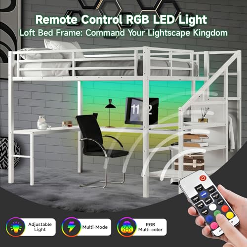 Queen Size Metal Loft Bed with L Shaped Desk and Wardrobe, Heavy Duty Loft Bed Frame with Storage Stairs, High Loft Bed Frame with LED