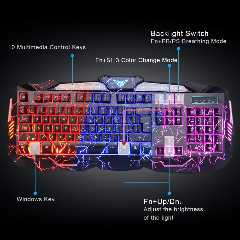 BlueFinger Gaming Keyboard Mouse Headset Combo,USB Wired Crack Backlit Keyboard,114 Keys Letters Glow LED Keyboard