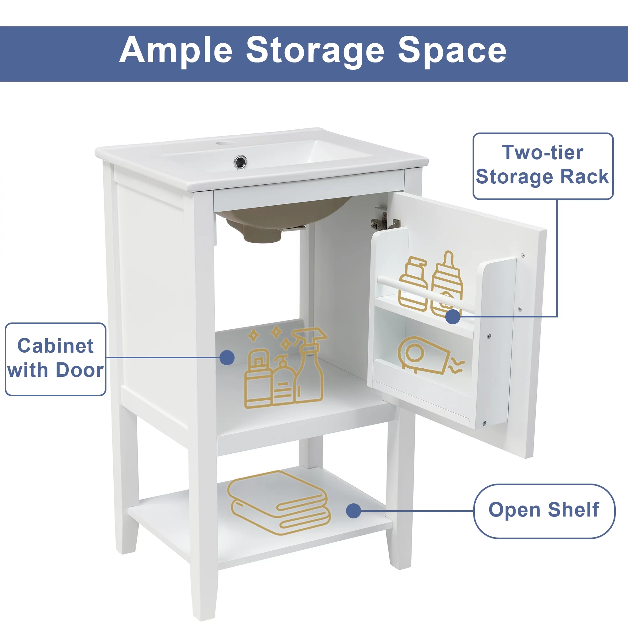 EUROCO 20" Bathroom Vanity with Sink, Bathroom Cabinet with Soft Closing Door, Storage Rack and Open Shelf, White - Curated Treasures Market