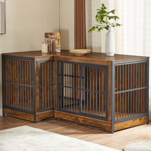 Rovibek 86" Stackable Dog Kennel Furniture with Removable Divider & 3 Doors, Double Dog Crates Furniture for 2 Dogs, Corner Dog Crate Furniture