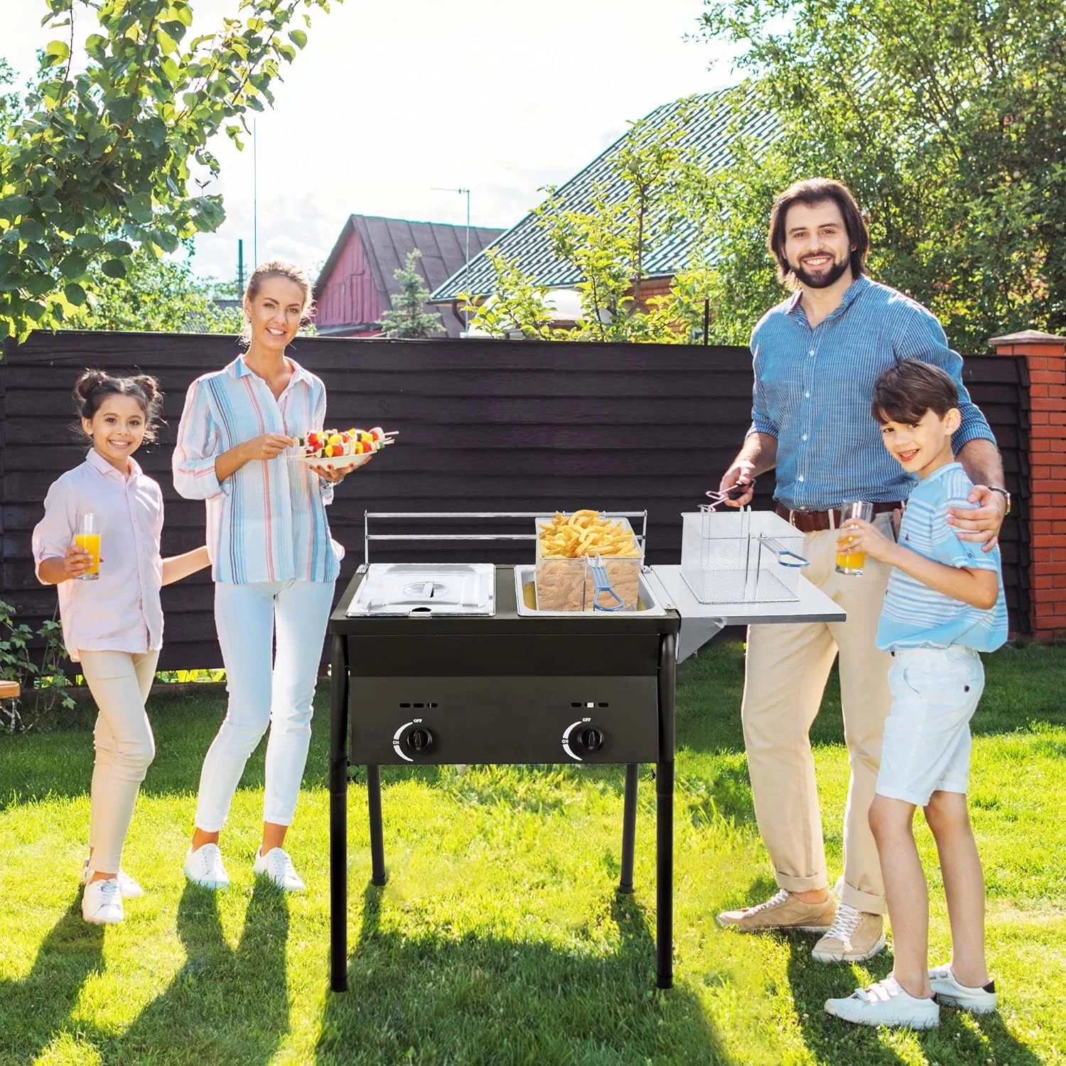 QCAI Two Tank Outdoor Black Deep Fryer | Propane Deep Fryer Propane with 2 Stainless Steel Basket & Lid Covers | Large Oil Tank Capacity with
