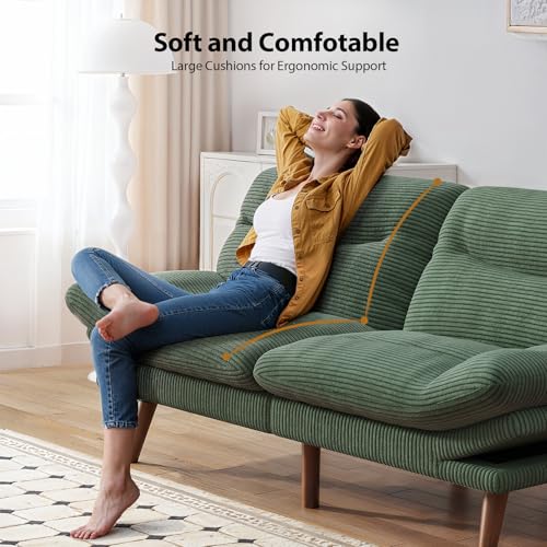 Pipishell Convertible Futon Sofa Bed,66" Corduroy Futon Couch with Adjustable Backrest and Armrests, Recliner Sleeper Sofa for Small Spaces