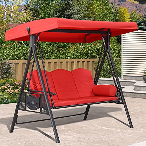 PURPLE LEAF Outdoor Patio Porch Swing with Adjustable PVC Canopy, 3-seat Swing Chair Bench with Side Cup Holder for Backyard Front Porch Lawn