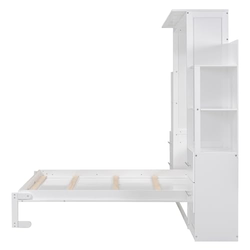 Harper & Bright Designs Full Size Murphy Bed Wall Bed with Storage Shelves, Drawers and LED Lights