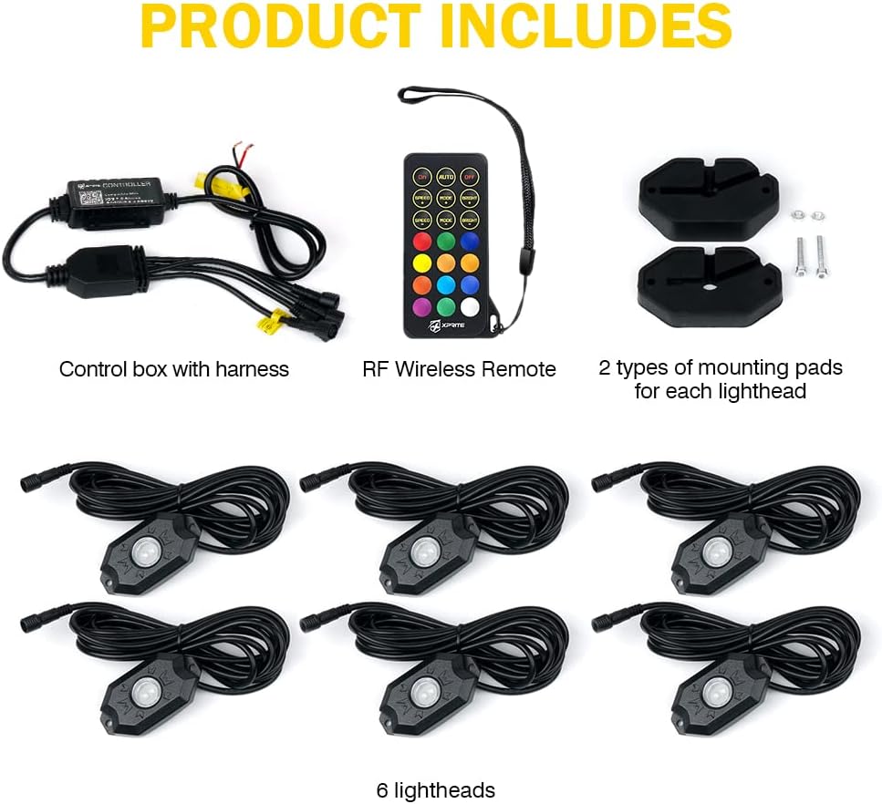 Xprite RGBW LED Rock Lights Kit w/Bluetooth & Wireless Remote Controller, Multicolor Cars Underglow, Whee Well, Footwell Neon Light Kits