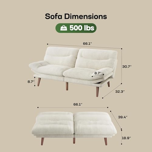 Marsail Futon Sofa Bed, Futon Couch with Adjustable Backrest & Armrests, Convertible Small Sleeper Sofa Bed for Small Apartments, Study Room, Office