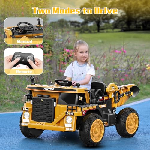 ANPABO Ride on Dump Truck, 12V Ride on Car with Remote Control, Electric Dump Bed and Extra Shovel, Ride on Construction Vehicle with Music Player