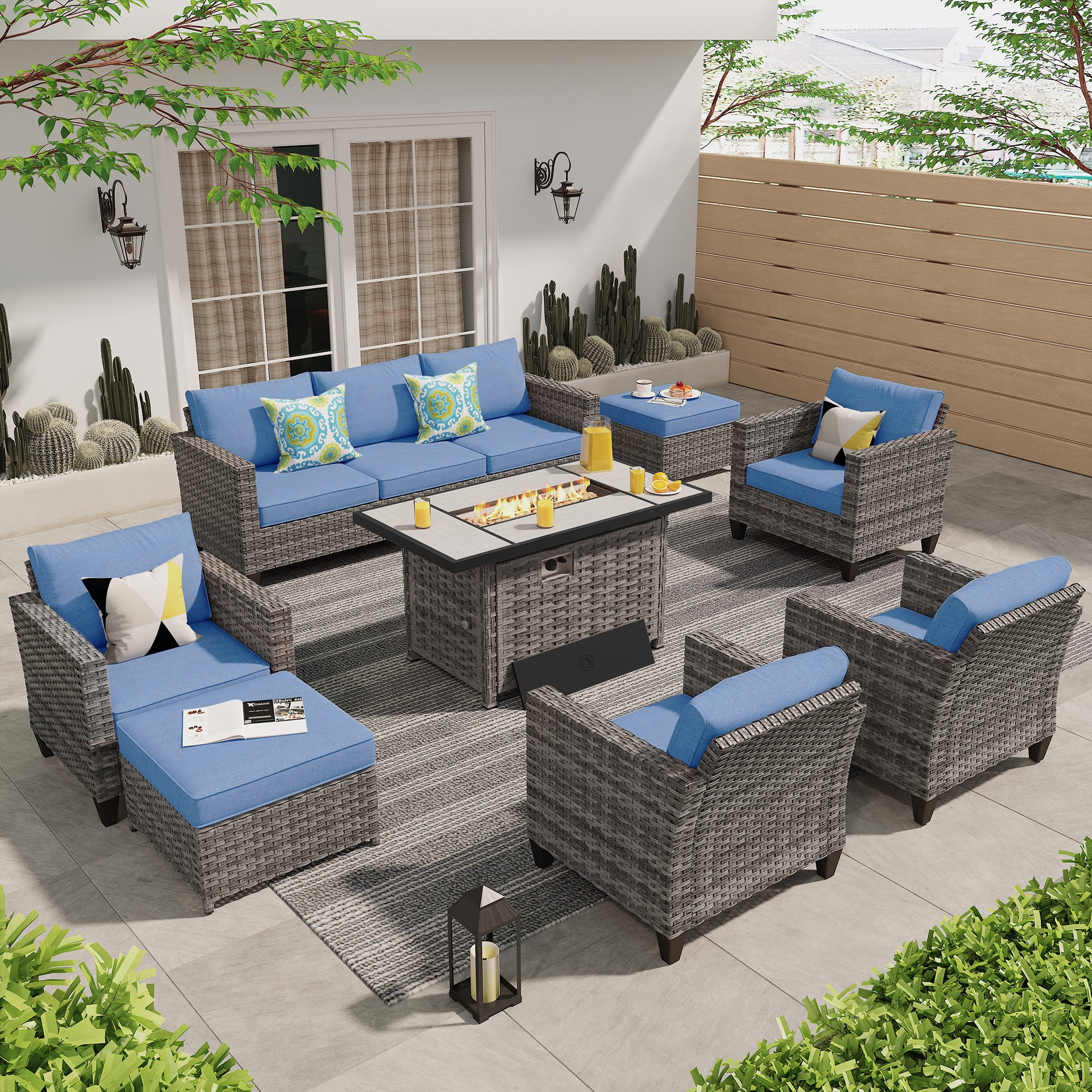 Ovios 8 Pieces Outdoor Patio Furniture Set with 42" Rattan Propane Fire Pit Table Wicker Outdoor Conversation Set with Gas Fire Pit & Ceramic