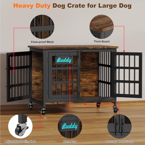 EasyCom 48"/42"/33" Dog Crate Furniture with Name Tag, Heavy Duty Dog Kennel Indoor for Large Dogs
