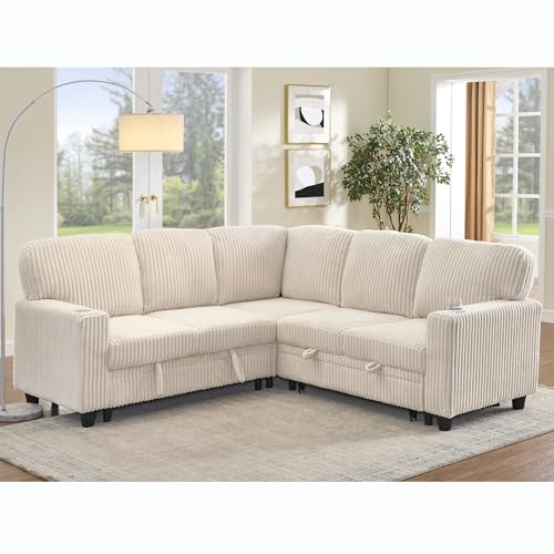 L-Shaped Pull Out Sleep Sofabed,Modern Reversible Sleeper Sectional Sofa Chenille Upholstered Button Tufted Decor with Storage Chaise