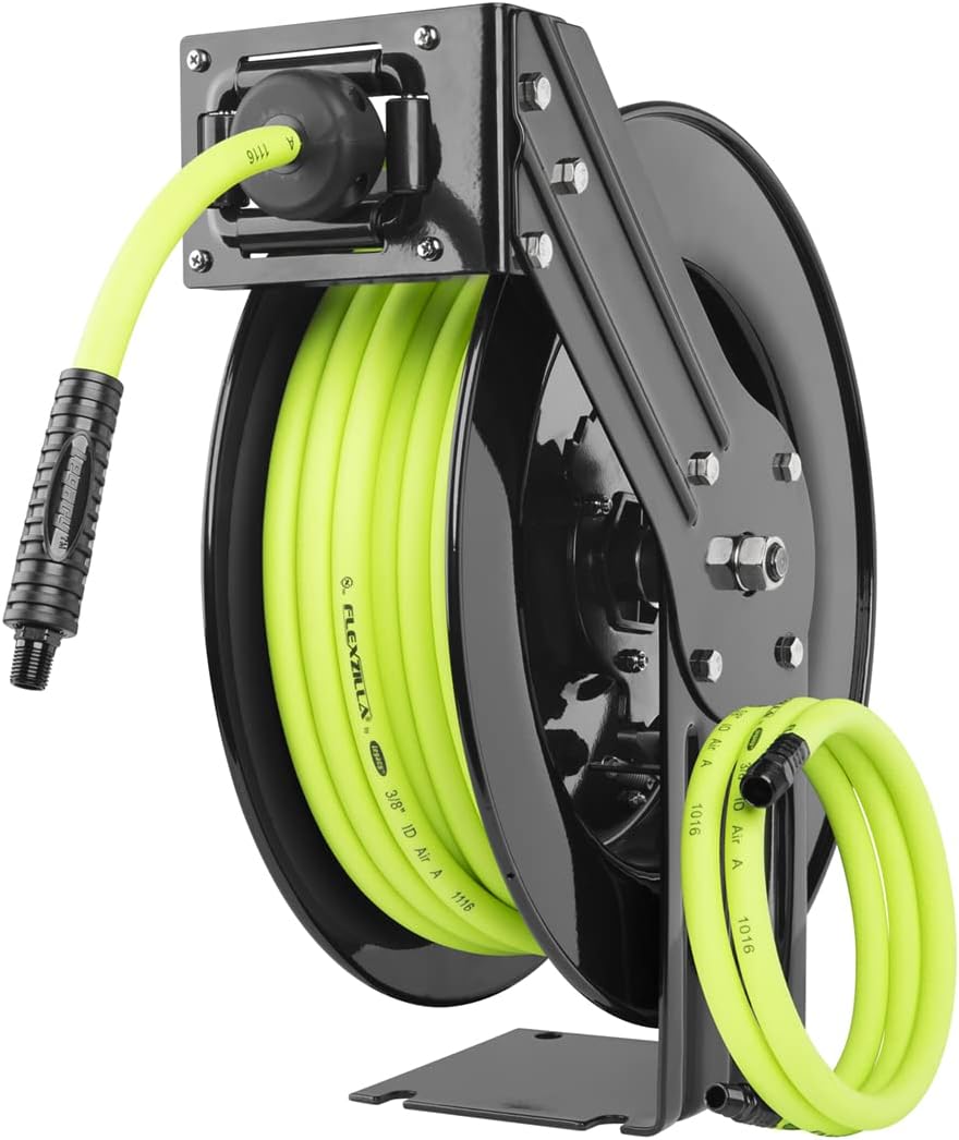 Flexzilla Open Face Retractable Air Hose Reel, 3/8 in. x 50 ft., Heavy Duty, Lightweight, Hybrid, ZillaGreen - L8611FZ