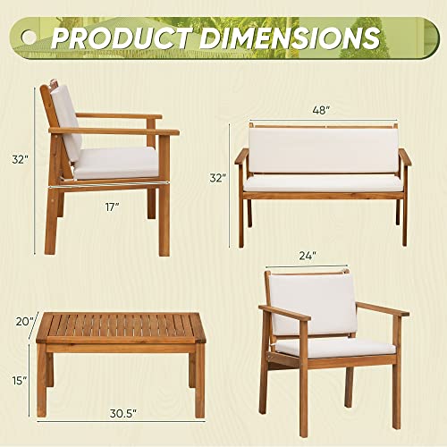 Flamaker Patio Chairs 3 Piece Acacia Wood Patio Furniture with Coffee Table & Cushions Outdoor Conversation Set Balcony Chairs for Porch, Deck