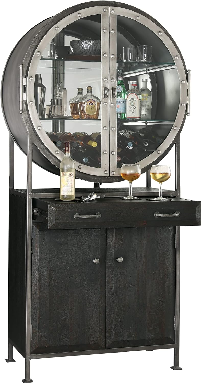 Howard Miller Rob Roy II Wine & Bar Cabinet 695-237 – Aged Mocha Finish, Aged Iron Finished Metal Frame, Home Liquor Storage, Metal Stemware Rack
