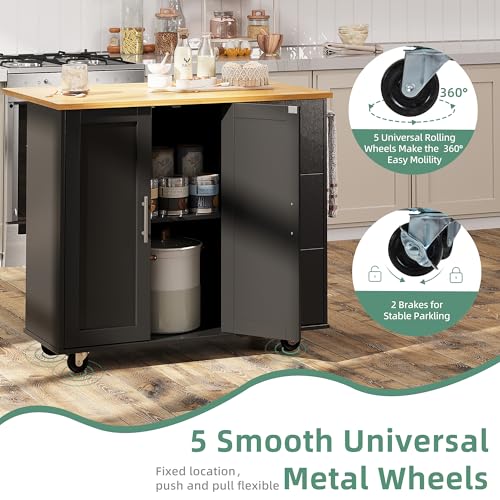 Shintenchi Rolling Kitchen Island Cart with Folding Drop Leaf Breakfast Bar, Portable Trolley Island with Large Storage Cabinet, Shelf and Drawer