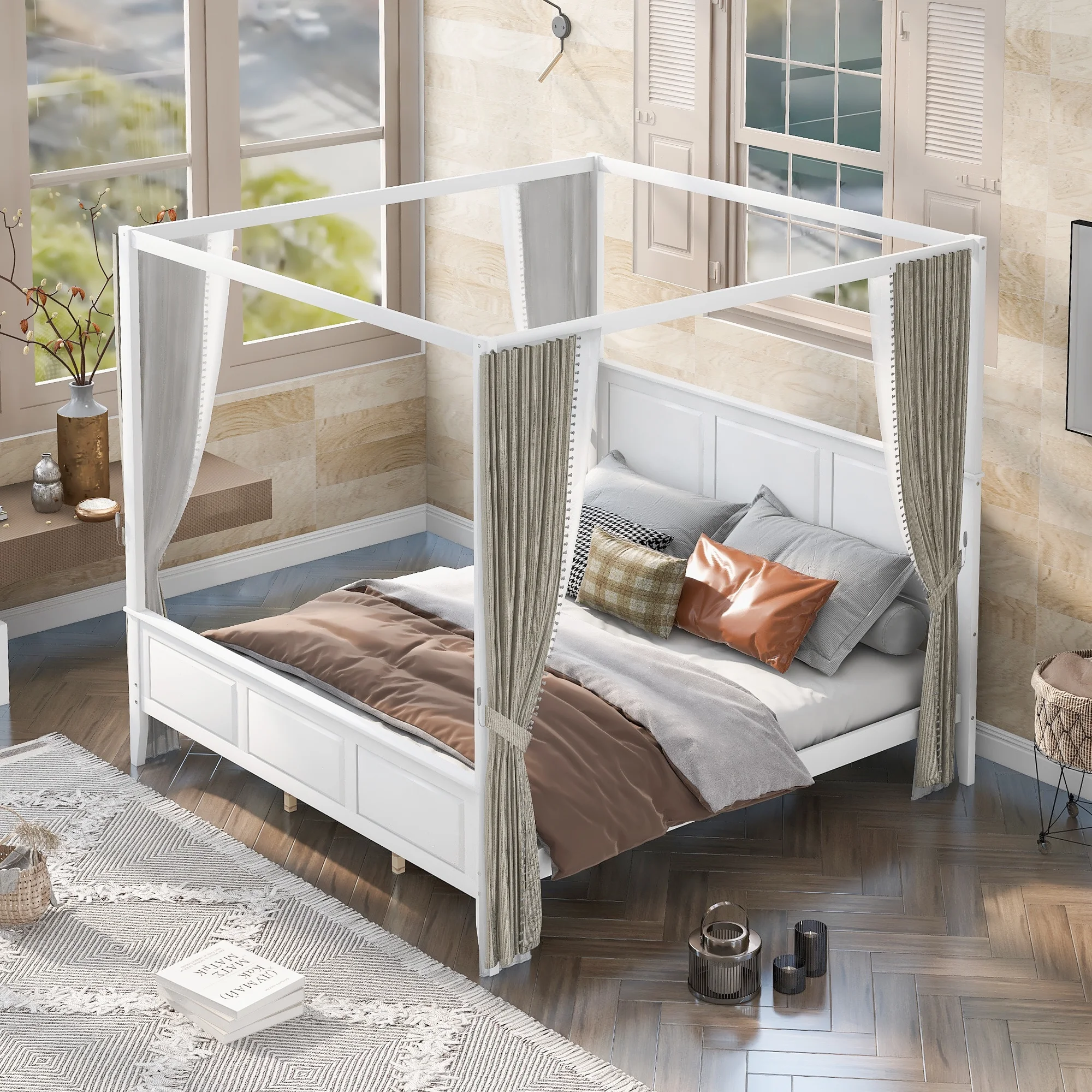 Euroco King Size Canopy Platform Bed with Four Slat Support Leg, White