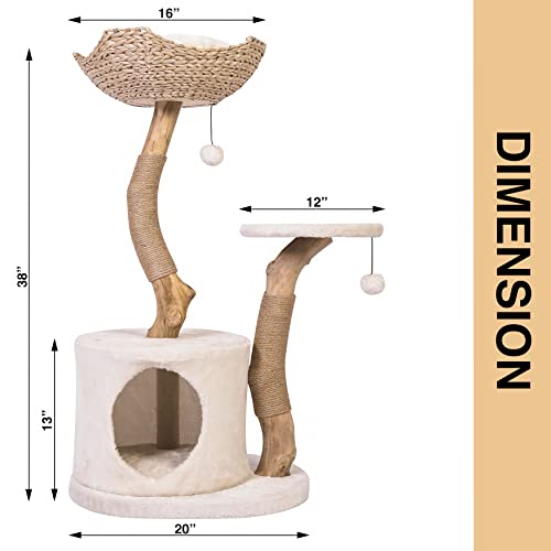 Modern Cat Tree for Indoor Small Cats - Real Wood Cat Tower with Scratch Post, Hiding Enclosure - Unique, Boho,White