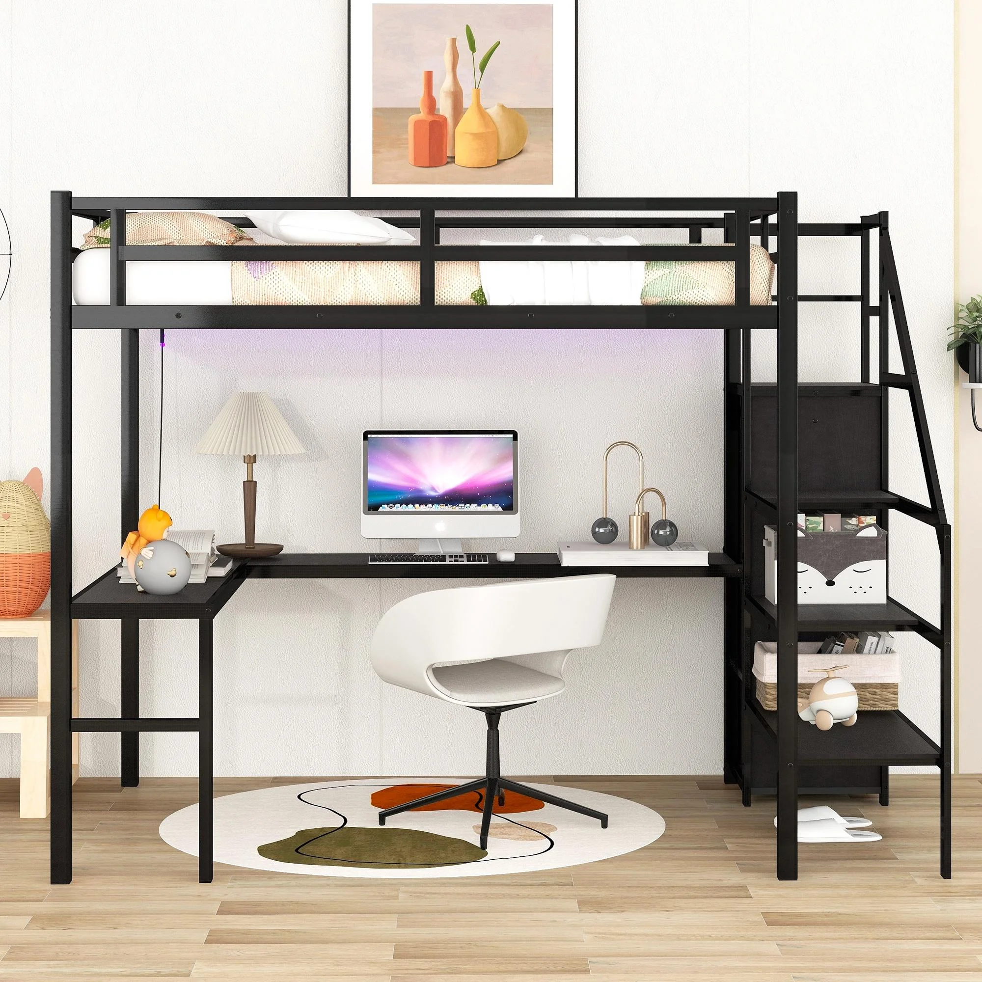 Full Size Loft Bed with Desk and Stairs, Metal Loft Bed Frame with Wardrobe and USB Charging Station