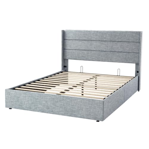 Allewie Full Size Lift Up Storage Bed, Modern Wingback Headboard, Hydraulic Support, No Box Spring Needed, Light Beige