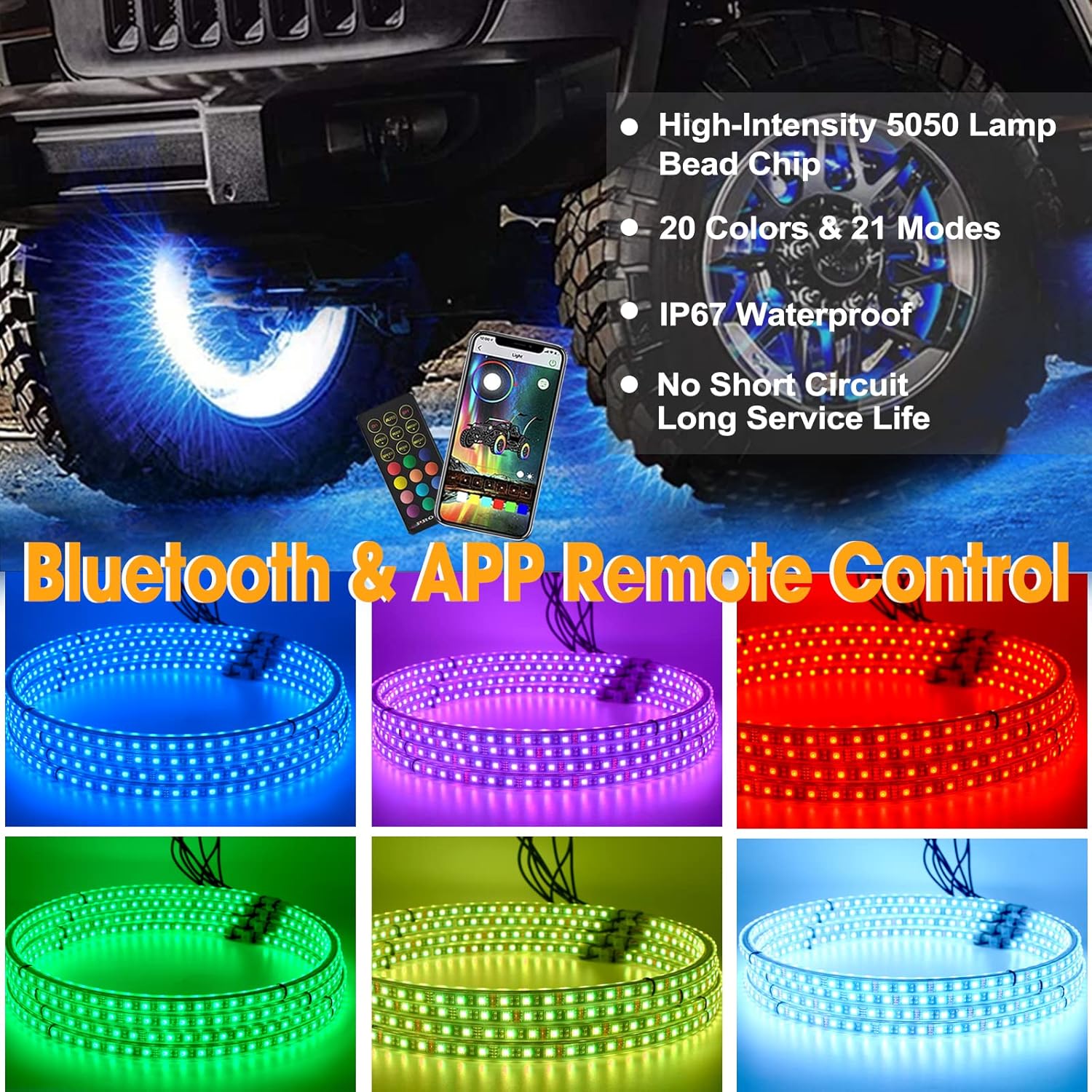 RGB Wheel Ring Lights 17'' Tire Lights Double Row Neon Rim Light with W/Turn Signal & Braking Function Can Controlled By Bluetooth Sync to Music