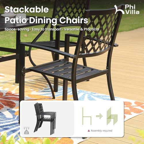 PHI VILLA Stackable Wrought Iron Patio Dining Chairs - Set of 2 Black Outdoor Chair Bistro Metal Chairs, Support 300 LBS