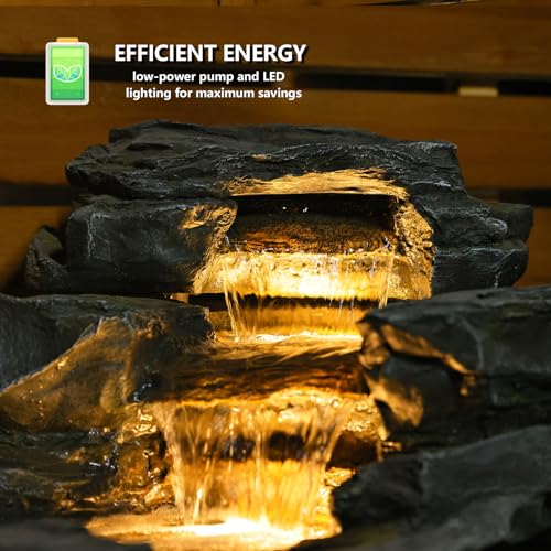 37" L Garden Outdoor Water Fountain, Floor Standing 5-Tiers Rock Natural Waterfall Outdoor Fountains with LED Lights for Patio, Porch, Home Art Decor