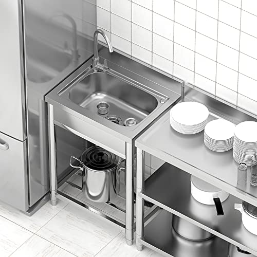 Free Standing Stainless-Steel Single Bowl Commercial Restaurant Kitchen Sink Set w/Faucet, Prep & Utility Washing Hand Basin w/Storage Shelve