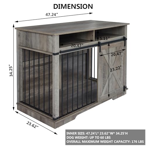 Aoowow Large Double Dog Crate Furniture 72.4" Indoor Dog Kennel with Sliding Barn Door and Divider