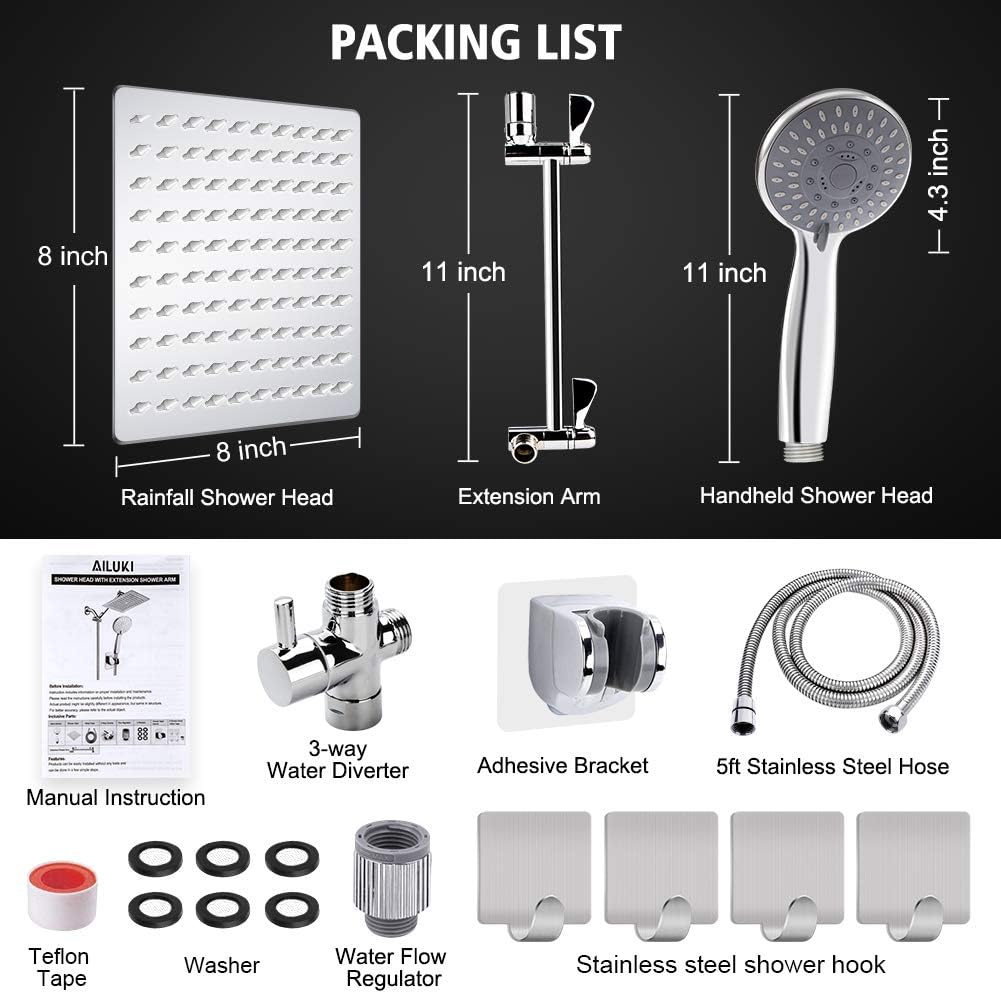 8'' High Pressure Rainfall Shower Head / Handheld Shower Combo with 11'' Extension Arm, Height/Angle Adjustable