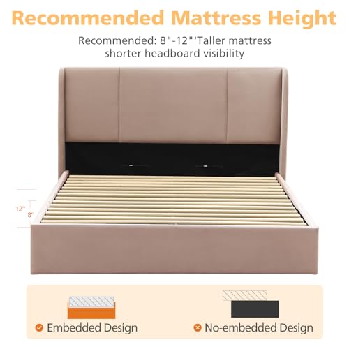 VELOCAVA Queen Size Lift Up Storage Bed with Modern Wingback Headboard, Upholstered Platform Bed with Fabric with Hydraulic Support Bars