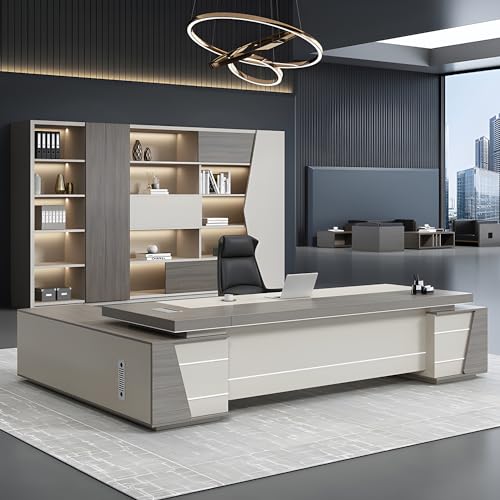 Modern Gray L-Shaped Executive Desk with Cord Management, Modern Workstation Computer Desk with Side Cabinet