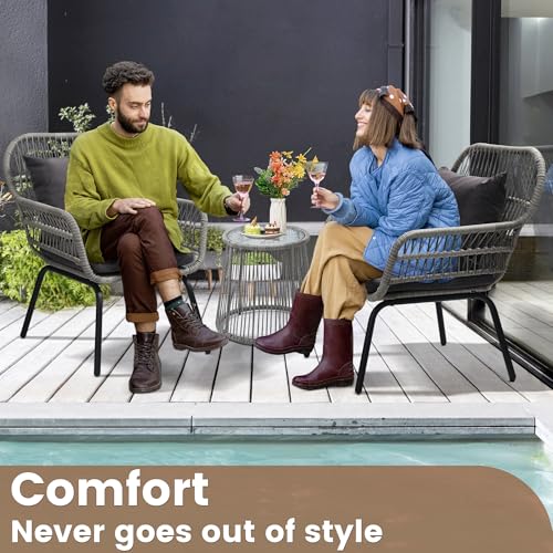 3 Piece Rattan Wicker Bistro Set, Outdoor Conversation Furniture Set with Glass Top Table, Space Saving for Balcony, Backyard, Natural