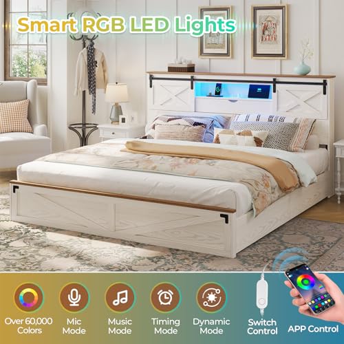 Hasuit Farmhouse Bed Frame California King Size with Storage Bookcase Headboard, Wooden Cal King Bed with LED Lights, Charging Station, 2 Drawers