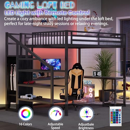 Full Size Loft Bed with Desk,Metal Heavy Duty Full Loft Bed with Stairs,Wardrobe and Shelves