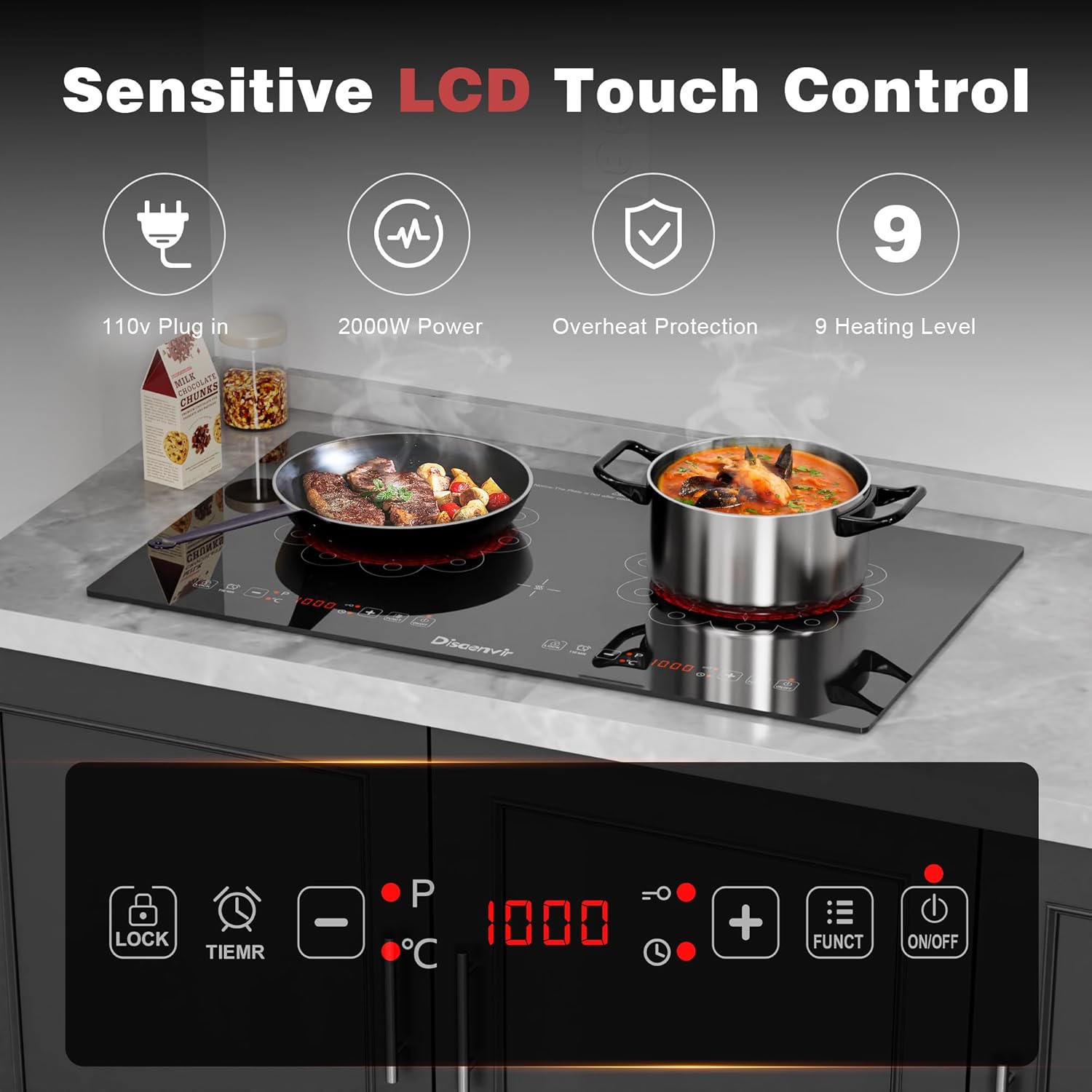 2 Burner Electric Cooktop - 24 Inch Elecric Stovetop Built-in and Countertop, Portable Double Burner Ceramic Cook Top with Child Lock, Timer