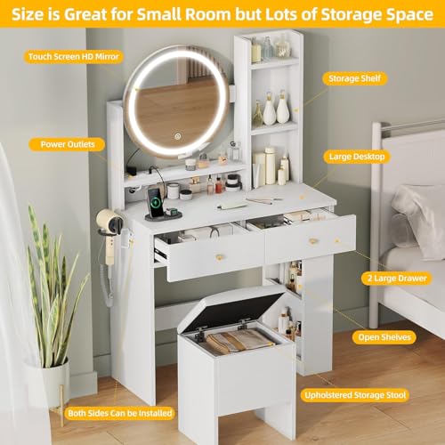 DWVO Vanity Desk with Mirror and Lights, Makeup Vanity Table Set with Power Outlets and Chair, 3 Lighting Colors
