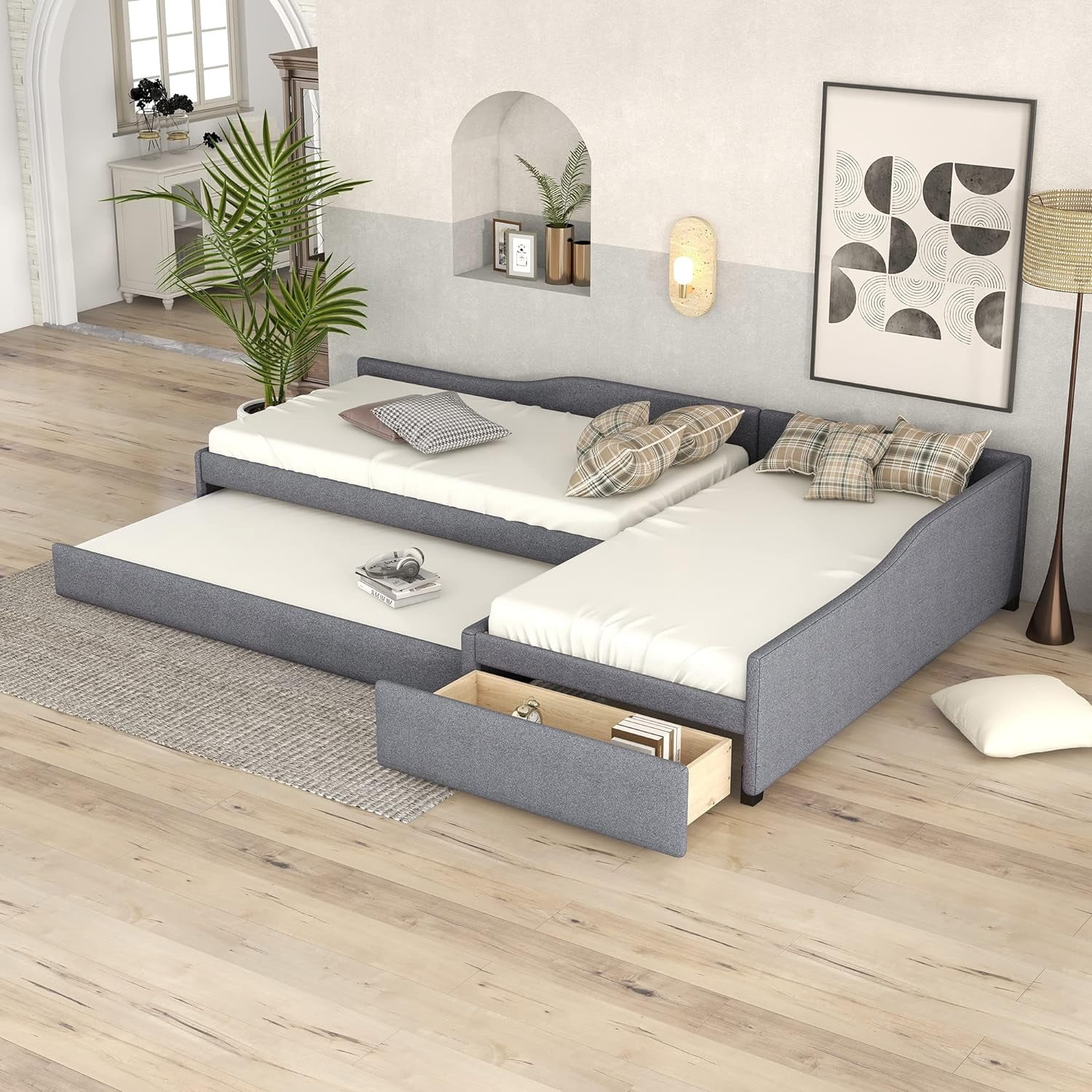 Upholstered Double Size Daybed With Trundle And Drawer, Living Room Sofa Bed, No Box Spring Need (Gray)