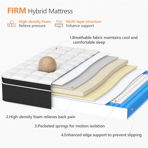 Firm King Size Mattress, 12 Inch Hybrid King Bed Mattress with Gel Memory Foam and Pocket Springs, Comfort Bed in a Box
