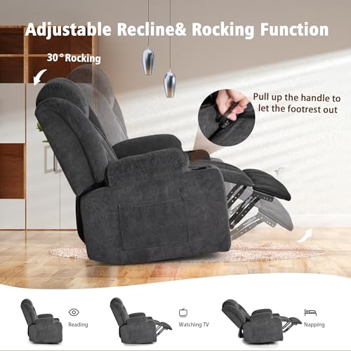 Rocker Swivel Recliner Chair for Adults, Overstuffed Large Manual Recliner Glider with Massage and Heat