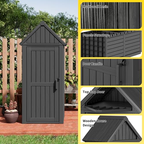 Outdoor Resin Storage Shed, Upgrade Durable Storage Cabinet with Removable Shelves and Lock Ring, Reinforced Floor