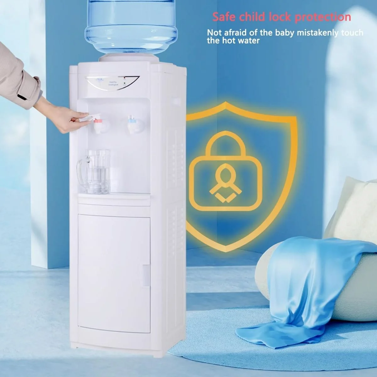 LUVCMFT Water Cooler Dispenser for 5 Gallon Bottle, Top Loading Hot and Cold Water Dispenser with Storage Cabinet & Child Safety Lock