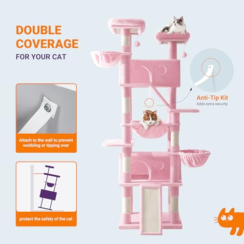 Allewie 81 Inches Tall Cat Tree/Multi-Level Large Climbing Tree House and Towers for Big Feline/Condo and Hammock/Scratching Post/Wide Base/Dark Grey