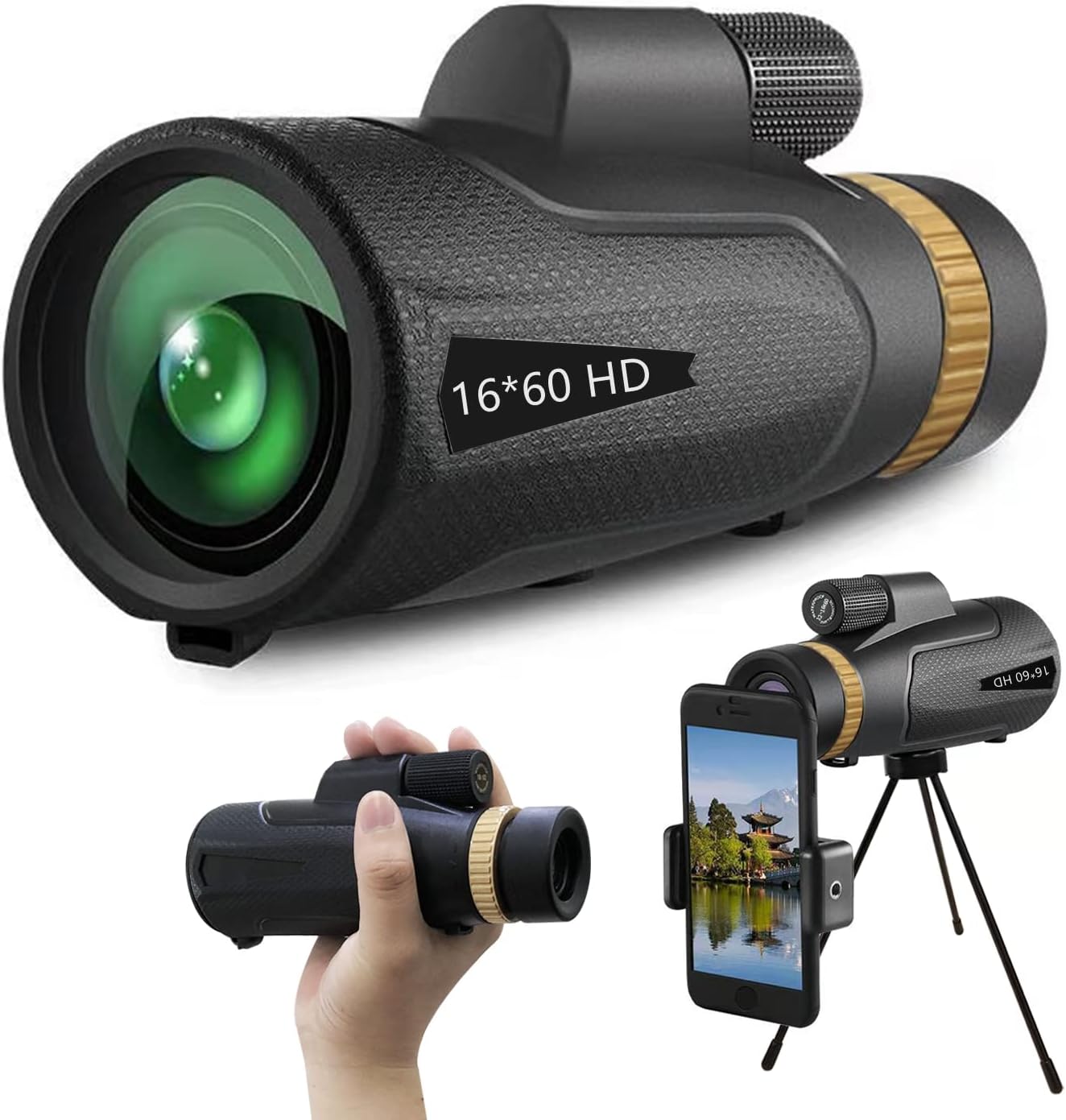 Monocular Telescope,12~16X60 High Power with Quick Smartphone Holder & Tripod,Waterproof Monocular,Day & Low Night Vision Monocular