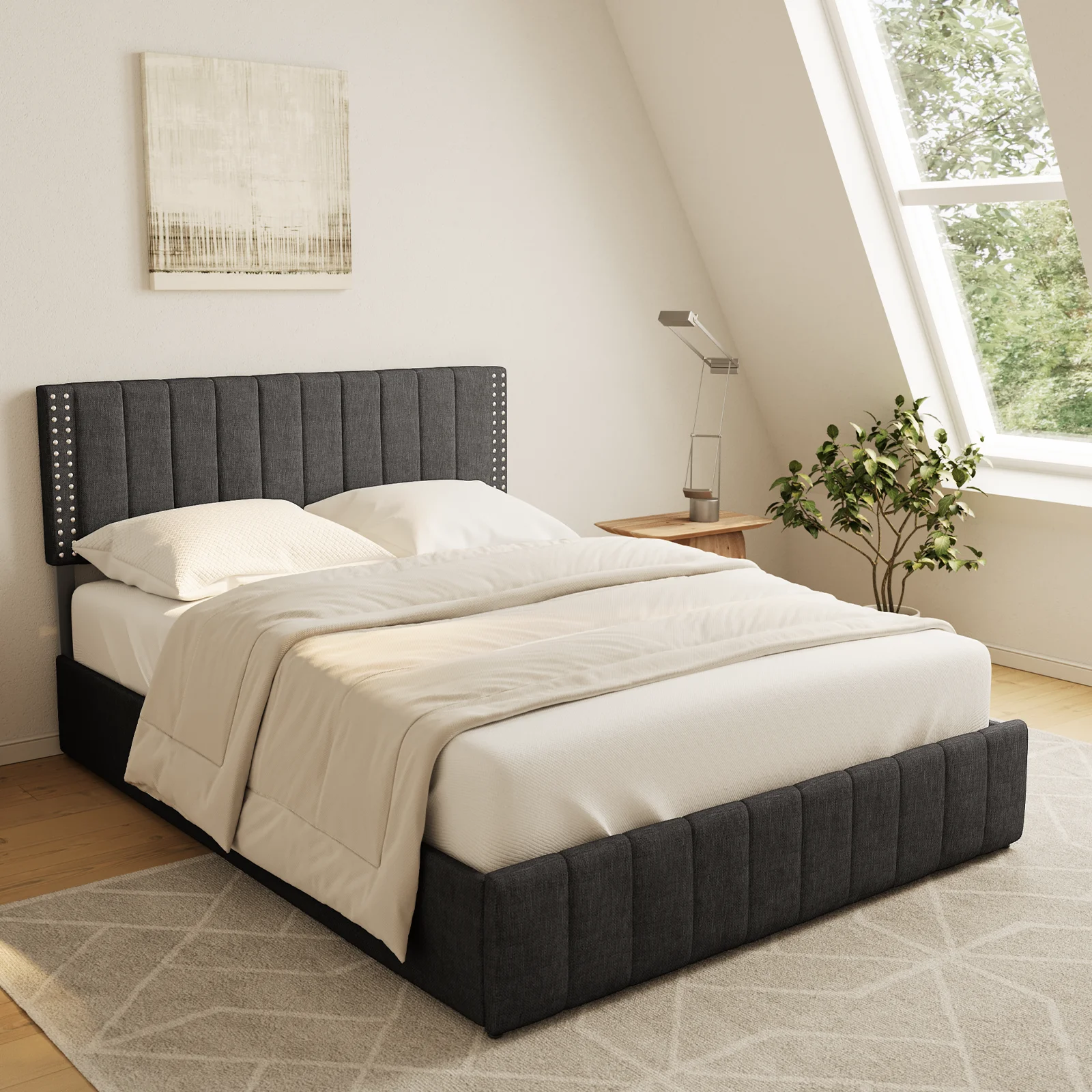Aiho Bed Frame Full with 4 Storage Drawers for Bedroom, Dark Grey
