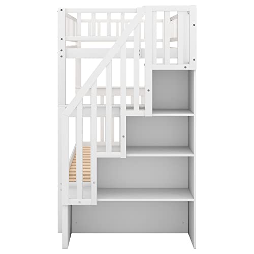 Harper & Bright Designs Bunk Beds Twin Over Full Size, Bunk Bed with Trundle,Storage Shelf and Stairway