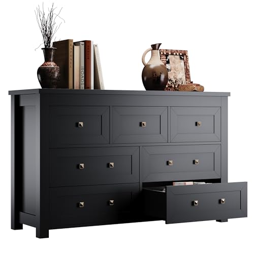 7 Drawer Dresser for Bedroom, Farmhouse Wood Chest of Drawers, Wide TV Stand Closet Storage Furniture with Metal Handle
