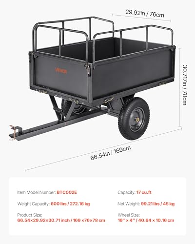 VEVOR Heavy Duty ATV Trailer Tow Behind Dump Cart, 17 Cu.Ft. 600lbs Capacity