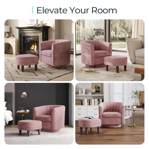 LINSY Swivel Accent Chair Ottoman Set: Velvet Small Barrel Chair with Foot Rest
