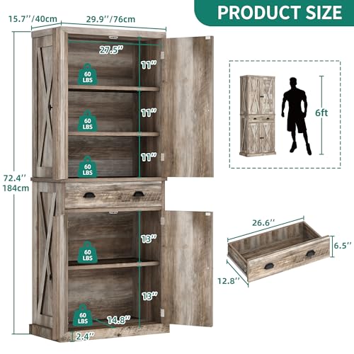 YITAHOME 72'' Tall Kitchen Pantry Cabinets, Farmhouse Storage Cabinets with Barn Doors, Drawer ＆ Adjustable Shelves