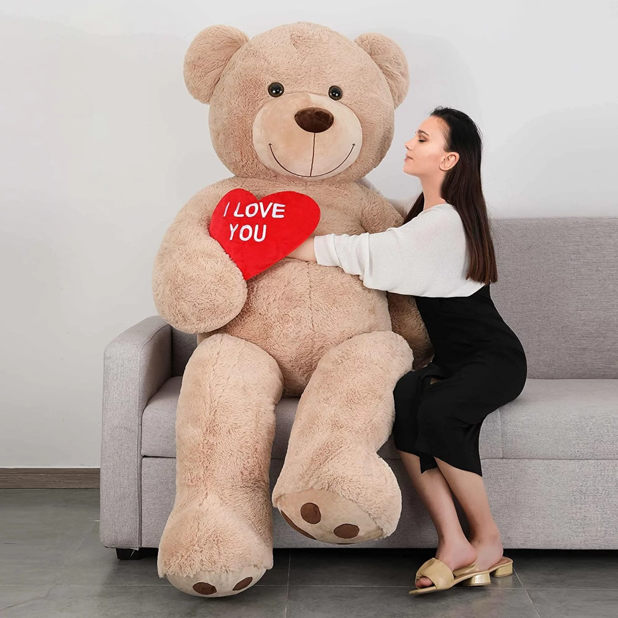 MorisMos Brown Giant Teddy Bear 6ft Stuffed Animal "I Love You" Red Heart Jumbo Human Size Teddy Bear