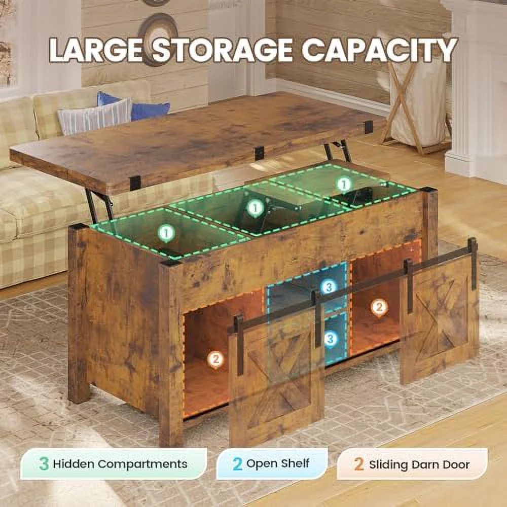 Lift Top Coffee Table  4 in 1 Convertible Coffee Tables with  and Hidden Compartment for Living Room  Farmhouse Coffee Table Converts to Dining Table